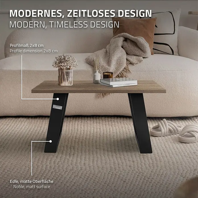 ML-Design Tischgestell Bankkufen Schräge Metall Bankbeine Bankgestell - L x B x H: 8 x 40 x 43 cm, Stahl - Ein moderner Couchtisch aus Holz mit schwarzen Metallbeinen, neben einem Sofa auf einem Teppich.