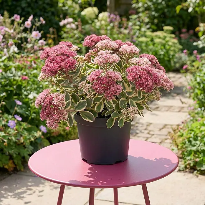 Piardino Garten-Fettblatt - Sedum telephium 'La Vie en Rose', Topfgröße: 13 cm, Rosa - Topfpflanze mit rosa Blüten und grün-bunten Blättern in einem schwarzen Topf, auf einem kleinen rosa runden Tisch.