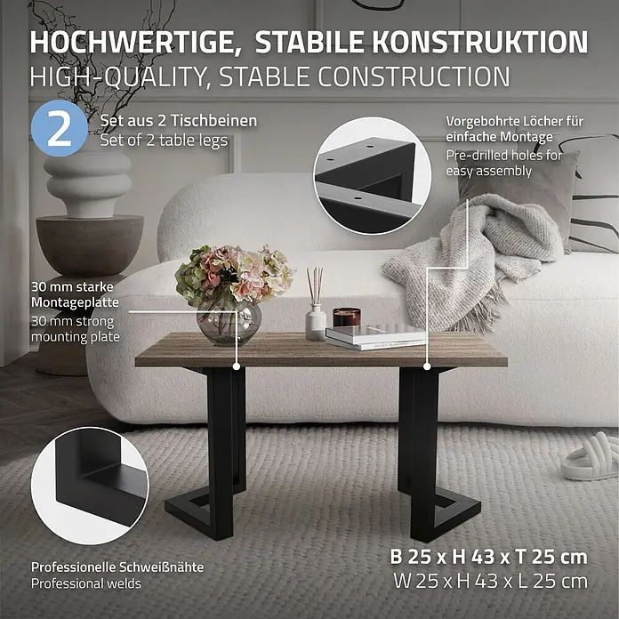 ML-Design Tischgestell Kufengestell Bankkufen für Couchtisch/Sitzbank DIY-Projekte - Stahl - Stabiler Couchtisch mit heller Holzplatte und schwarzen Metallbeinen. Merkmale sind vorgebohrte Löcher und professionelle Schweißnähte.