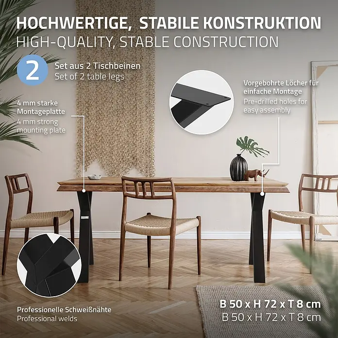 ML-Design Tischgestell Kufengestell X-Form Schwarz für Esstisch/Schreibtisch DIY-Projekte - Stahl - Zwei schwarze Metall-Tischbeine stützen einen Holztisch; Design und Details werden in einem Esszimmerambiente gezeigt.