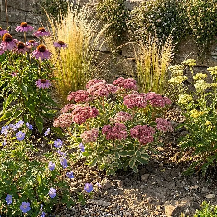 Piardino Fetthenne - Sedum telephium 'La Vie en Rose', Topfgröße: 13 cm, Rosa - Ein farbenfrohes Gartenbeet mit rosa Sonnenhüten, goldenen Gräsern, rosa Sedum, blauen Geranien und gelber Schafgarbe vor einer Steinmauer.