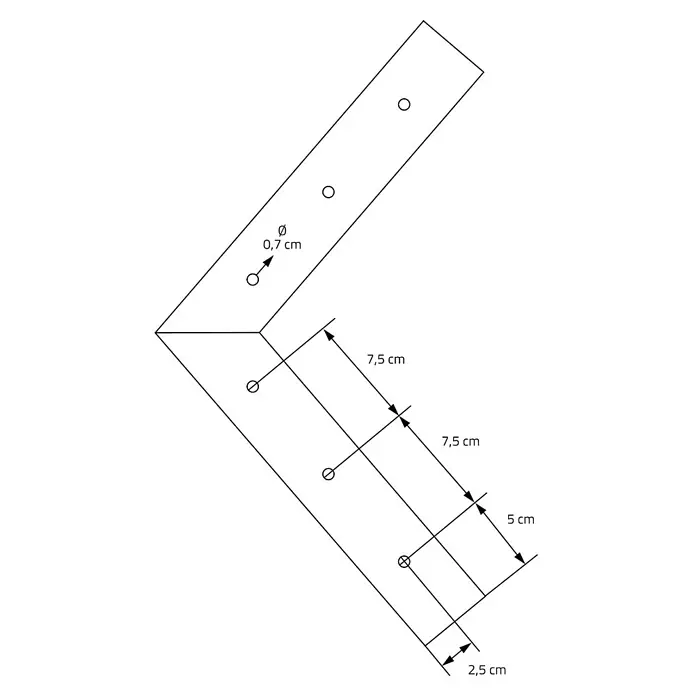 ML-Design Tischgestell Kufengestell Bankkufen für Couchtisch/Sitzbank DIY-Projekte - Stahl - Technische Zeichnung eines L-förmigen Metallwinkels mit mehreren 0,7 cm Bohrungen und diversen Lochabständen zur Befestigung.