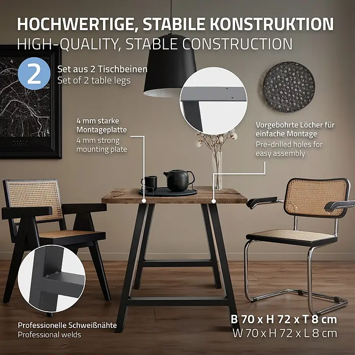 ECD Germany Tischgestell 2x Tischbeine A-Design aus pulverbeschichtetem Stahl - Stahl - Set aus 2 schwarzen Metall-Tischbeinen für DIY-Tische, mit 4 mm starken Montageplatten, vorgebohrten Löchern und professionellen Schweißnähten. Maße: 70x72x8 cm.
