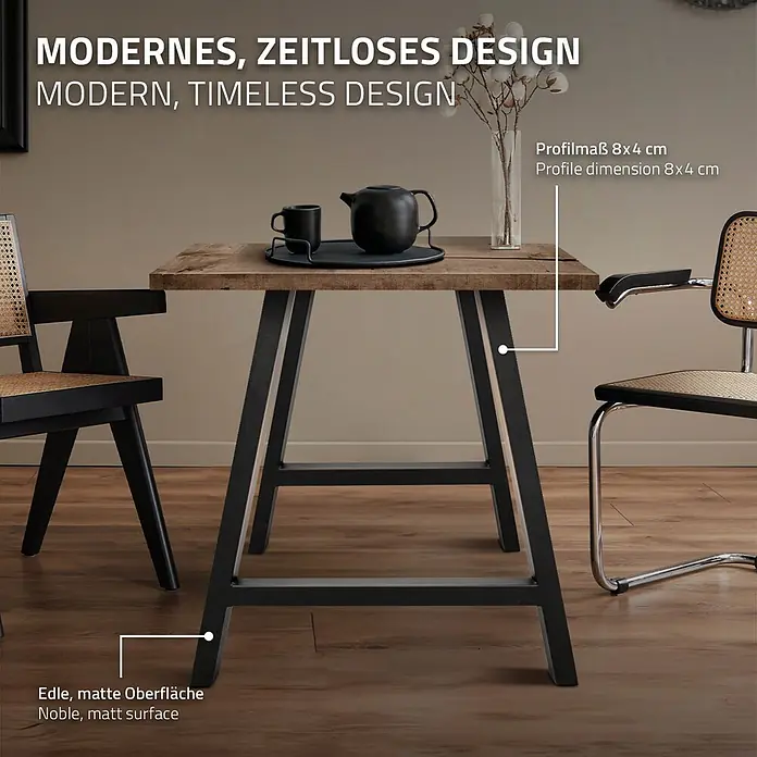 ECD Germany Tischgestell 2x Tischbeine A-Design aus pulverbeschichtetem Stahl - Stahl - Moderner Esstisch mit rustikaler Holzplatte und mattschwarzen 8x4 cm Metallbeinen.