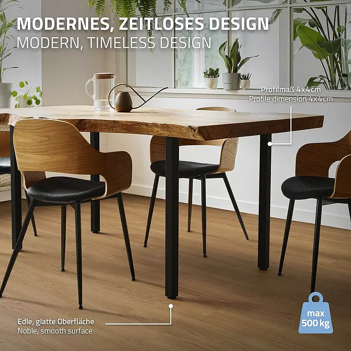 ML-Design Tischgestell 4er Set Tischkufen I-Design Möbelfüße und aus Stahl - Stahl - Moderner Esstisch mit einer Baumkanten-Holzplatte und schwarzen quadratischen Metallbeinen, betont seine glatte Oberfläche und 500 kg Tragfähigkeit.
