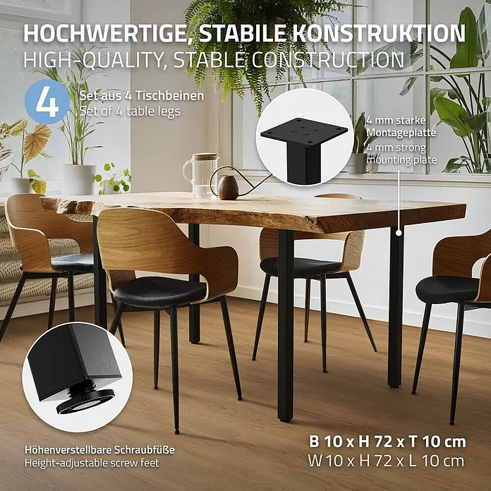 ML-Design Tischgestell 4er Set Tischkufen I-Design Möbelfüße und aus Stahl - Stahl - Set aus 4 schwarzen Metall-Tischbeinen mit 4mm Montageplatten und höhenverstellbaren Füßen, die einen Holztisch tragen.