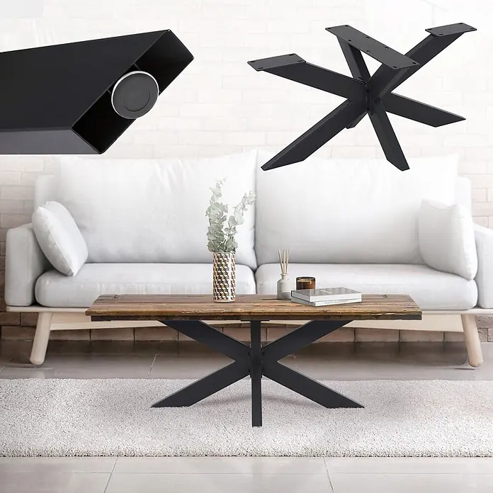 ML-Design Tischgestell Tischgestell Spider Kreuzgestell Schwerlast aus Stahl für DIY - Metall - Schwarzer Metall-Couchtischfuß in X-Form in einem Wohnzimmer.