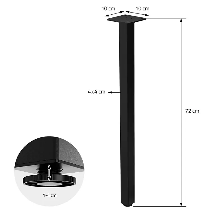 ML-Design Tischgestell 4er Set Tischkufen I-Design Möbelfüße und aus Stahl - Stahl - Schwarzes Metall-Tischbein, 72 cm hoch, mit 4x4 cm Profil, 10x10 cm Montageplatte und 1-4 cm verstellbarem Fuß.