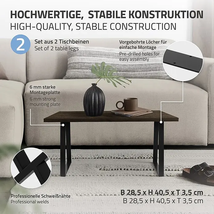 ML-Design Tischgestell Kufengestell Trapez-Form Schwarz Bankkufen Bankbeine für DIY-Projekte - Stahl - Kleiner Beistelltisch aus dunklem Holz mit schwarzen Metallbeinen, neben einem hellen Sofa platziert.