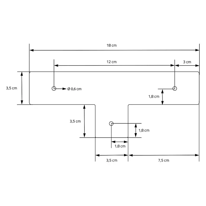ML-Design Tischgestell Kufengestell Trapez-Form Schwarz Bankkufen Bankbeine für DIY-Projekte - Stahl - Technische Zeichnung eines T-förmigen Bauteils mit Maßen und Lochpositionen.