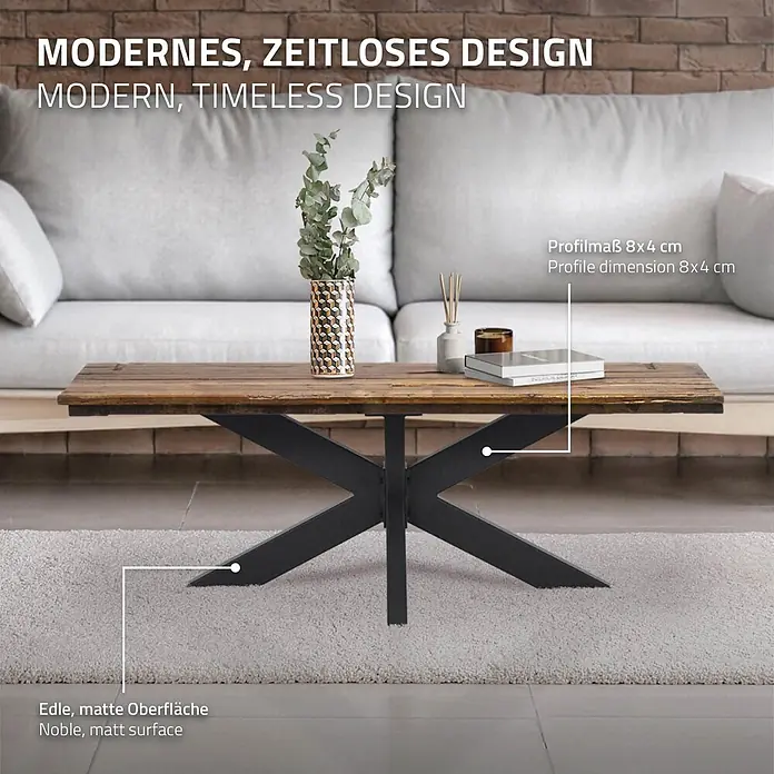 ML-Design Tischgestell Tischgestell Spider Kreuzgestell Schwerlast aus Stahl für DIY - Metall - Rustikaler Couchtisch aus Holz mit X-förmigen schwarzen Metallbeinen in einem modernen Wohnzimmer.