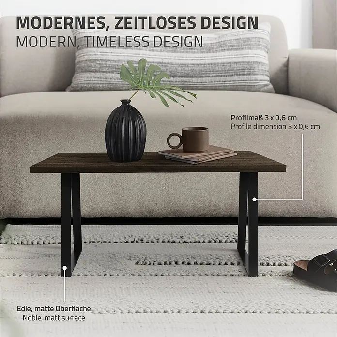 ML-Design Tischgestell Kufengestell Trapez-Form Schwarz Bankkufen Bankbeine für DIY-Projekte - Stahl - Moderner, dunkelbrauner Beistelltisch mit matter Oberfläche und schwarzen Metallbeinen.