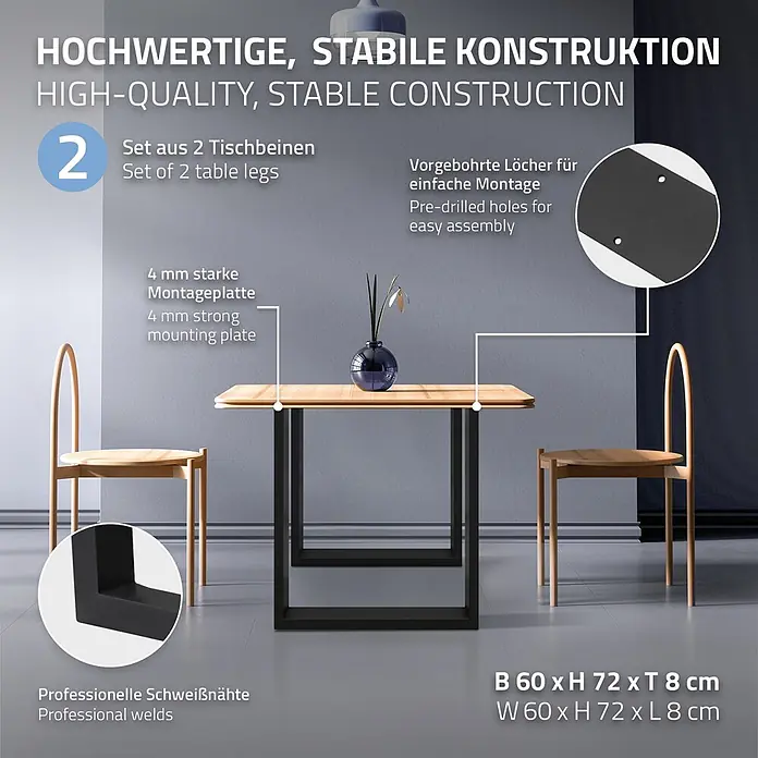 ECD Germany Tischgestell Tischgestell 60x72 cm Schwarz Bankkufen Industriedesign Möbelfüße Metall - Stahl - Zwei schwarze U-förmige Metall-Tischbeine stützen eine Holz-Tischplatte. Sie verfügen über professionelle Schweißnähte und vorgebohrte Löcher.