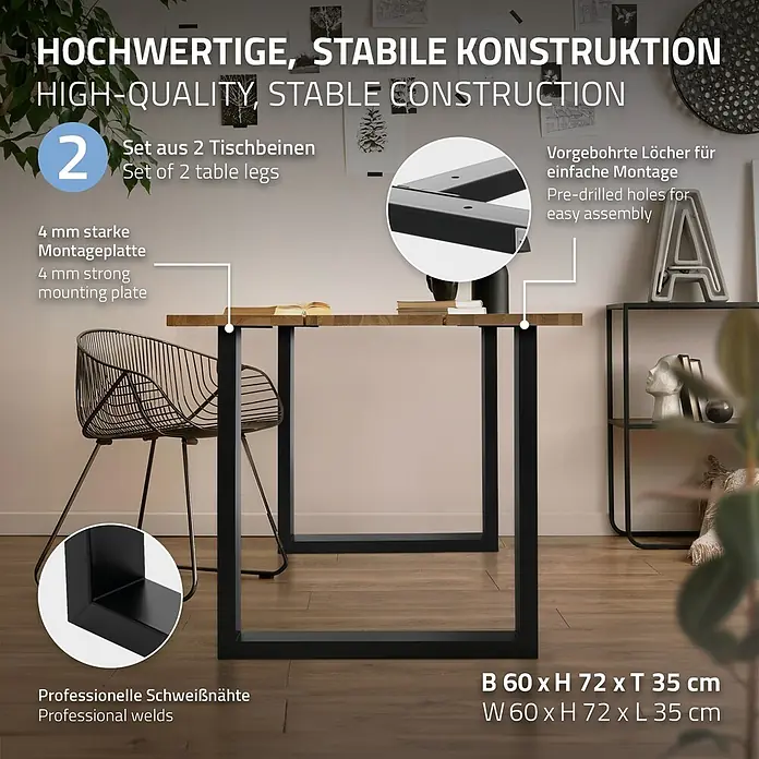 ML-Design Tischgestell Kufengestell Bankkufen für Couchtisch/Sitzbank DIY-Projekte - Stahl - Zwei schwarze Metall-Tischbeine mit 4 mm starker Montageplatte, professionellen Schweißnähten und vorgebohrten Löchern. Maße: B 60 x H 72 x T 35 cm.