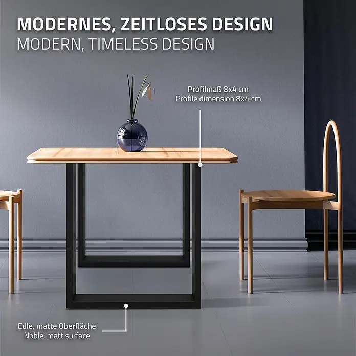 ECD Germany Tischgestell Tischgestell 60x72 cm Schwarz Bankkufen Industriedesign Möbelfüße Metall - Stahl - Moderner Esstisch mit heller Holzplatte und schwarzen U-förmigen Metallbeinen, umgeben von Stühlen.
