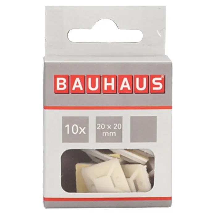 Voltomat Befestigungssockel - Weiß, L x B: 20 x 20 mm, 10 Stk. - Schachtel mit 10 weißen, 20x20mm selbstklebenden Kabelclips von Bauhaus.