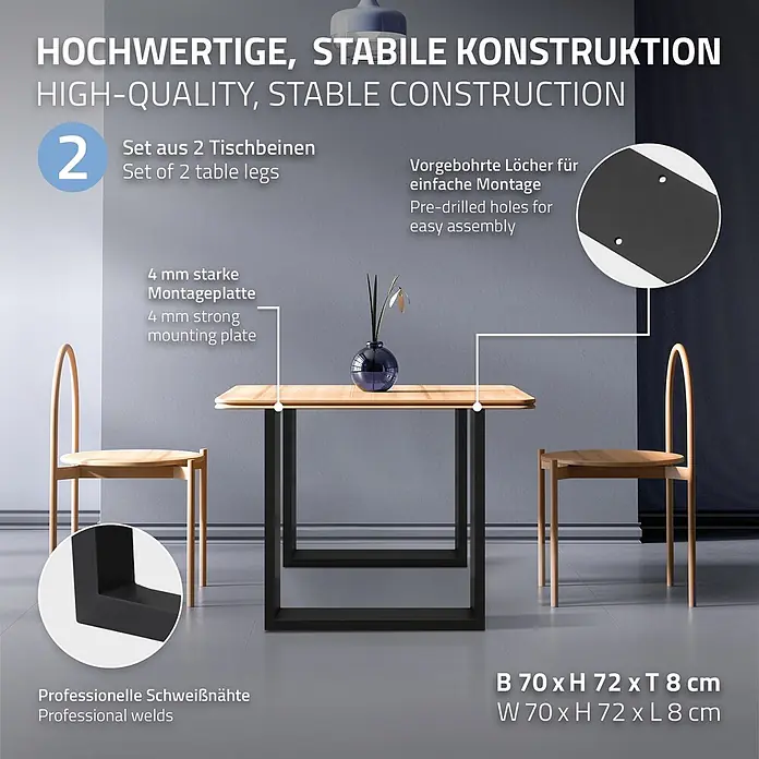 ECD Germany Tischgestell modernes Industriedesign Möbelfüße aus Metall - Stahl - Set aus 2 schwarzen Metall-Tischbeinen mit 4mm starken Montageplatten und vorgebohrten Löchern für eine hochwertige, stabile Konstruktion.