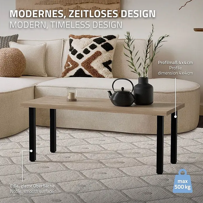 Tischbeine 4er Set I-Design H:42 cm, Schwarz, Stahl, Profil 4x4 cm -  - Moderner Couchtisch mit heller Holzoptikplatte und schwarzen Vierkantbeinen in einem Wohnzimmer.