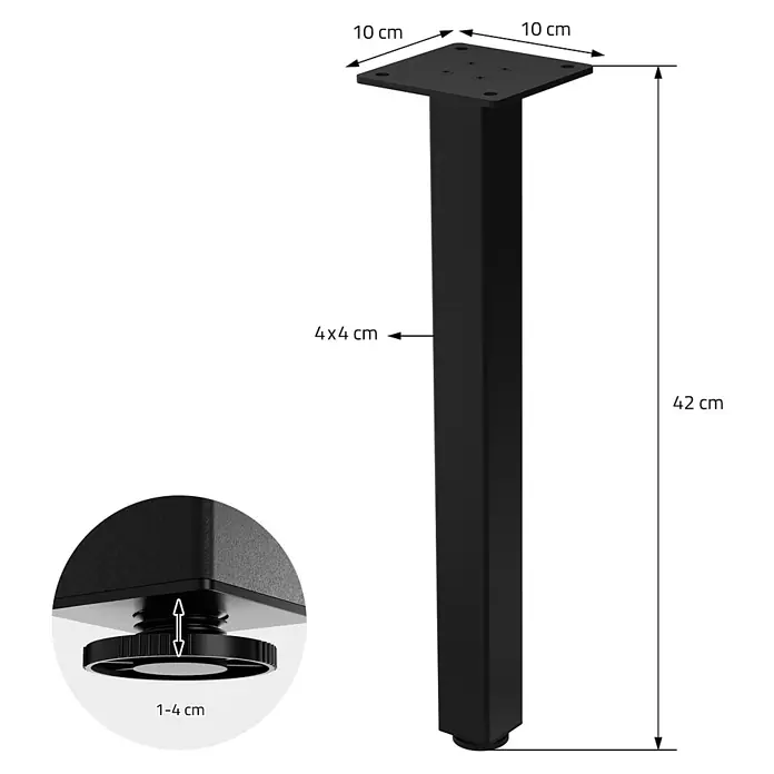 Tischbeine 4er Set I-Design H:42 cm, Schwarz, Stahl, Profil 4x4 cm -  - Schwarzes Metall-Tischbein, 42 cm hoch, mit 10x10 cm Montageplatte, 4x4 cm Vierkantprofil und 1-4 cm verstellbarem Fuß.