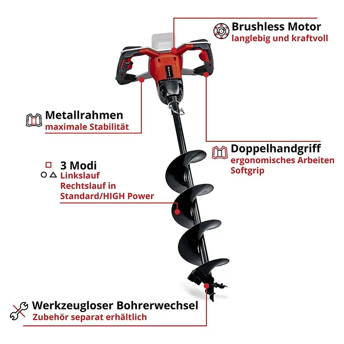 Einhell Professional PXC 18V Akku-Erdbohrer - 18 V, Ohne Akku, Durchmesser: 150 mm - Akku-Erdbohrer mit rotem und schwarzem Motor, langer schwarzer Spiralbohrer und ergonomischem Doppelhandgriff.