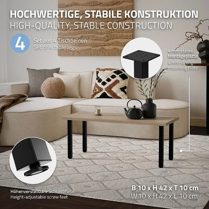 Tischbeine 4er Set I-Design H:42 cm, Schwarz, Stahl, Profil 4x4 cm -  - Couchtisch mit heller Holzplatte und schwarzen höhenverstellbaren Metallbeinen, in einer Wohnzimmereinrichtung.
