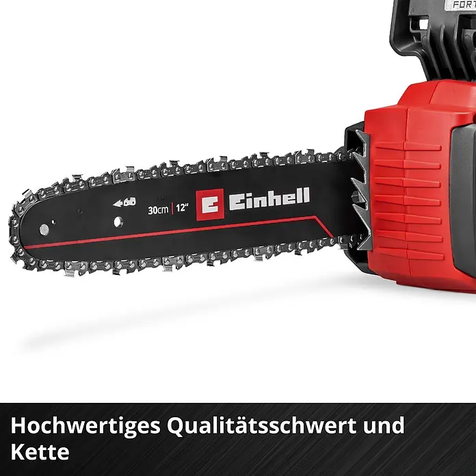 Einhell Power X-Change 18V Akku-Kettensäge FORTEXXA 18/30 - 18 V, Li-Ionen, Ohne Akku, Schwertlänge: 30 cm - Nahaufnahme der hochwertigen 30cm (12") Führungsschiene und Kette einer roten und schwarzen Einhell Kettensäge.