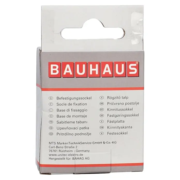 Voltomat Befestigungssockel - Weiß, L x B: 20 x 20 mm, 10 Stk. - Bauhaus Befestigungssockel in einer grauen Kartonverpackung mit rotem Markenlogo.