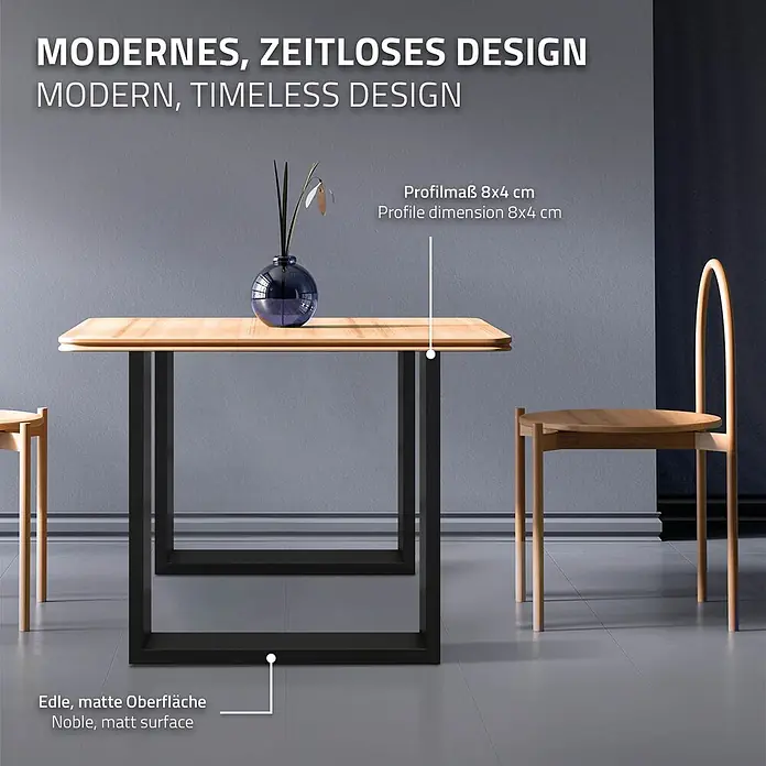 ECD Germany Tischgestell modernes Industriedesign Möbelfüße aus Metall - Stahl - Moderner Esstisch aus hellem Holz mit schwarzen, U-förmigen Beinen aus mattem Metall, dazu zwei Holzstühle.
