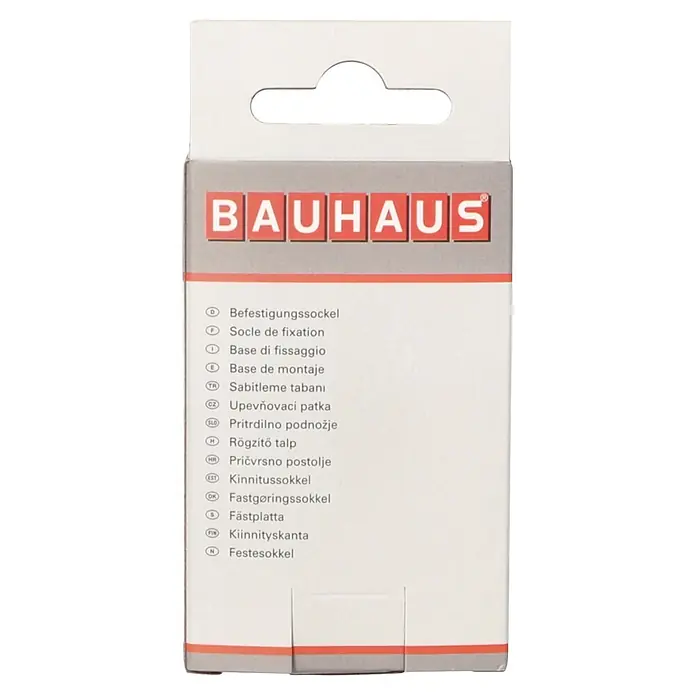 Voltomat Befestigungssockel - Weiß, L x B: 20 x 20 mm, 50 Stk. - Weiße Bauhaus-Verpackung für Befestigungssockel mit mehrsprachigen Beschreibungen.