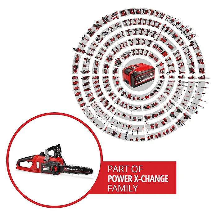 Einhell Power X-Change 18V Akku-Kettensäge FORTEXXA 18/30 - 18 V, Li-Ionen, Ohne Akku, Schwertlänge: 30 cm - Rote Einhell Fortexxa Akku-Kettensäge, Teil der Power X-Change Werkzeugfamilie, gezeigt mit vielen roten Elektrowerkzeugen und einem Akku.