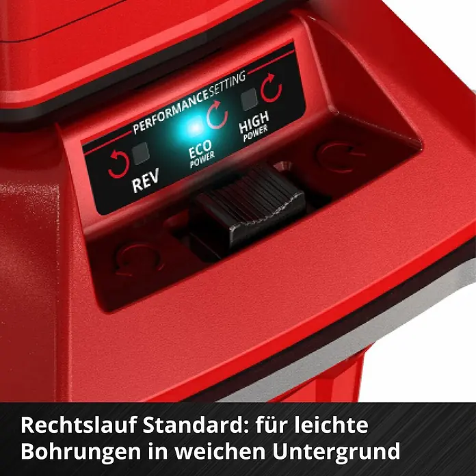 Einhell Professional PXC 18V Akku-Erdbohrer - 18 V, Ohne Akku, Durchmesser: 150 mm - Rotes Werkzeug-Bedienfeld mit beleuchteter ECO POWER-Einstellung, Schiebeschalter und Text 'für leichte Bohrungen in weichen Untergrund'.
