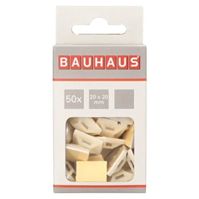 Voltomat Befestigungssockel - Weiß, L x B: 20 x 20 mm, 50 Stk. - Weiße Bauhaus-Box mit 50 hellfarbigen Kunststoff-Bildaufhängern, 20x20mm.