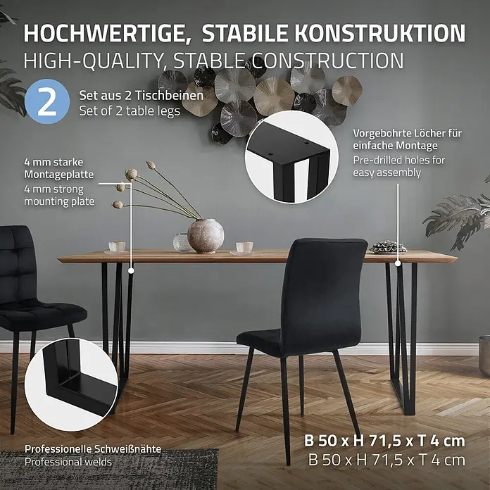 ML-Design Tischgestell Kufengestell rechteckige Form Schwarz für Esstisch/Schrebitisch - Stahl - Set aus 2 schwarzen Metall-Tischbeinen mit vorgebohrten Löchern und professionellen Schweißnähten, an Holztischplatte montiert.