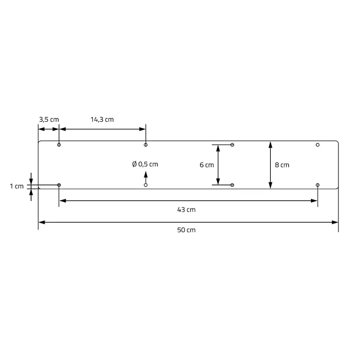 ML-Design Tischgestell Kufengestell rechteckige Form Schwarz für Esstisch/Schrebitisch - Stahl - Technische Zeichnung einer rechteckigen Platte, 50x8 cm, mit abgerundeten Ecken und mehreren 0,5 cm Durchmesser Befestigungslöchern, mit genauen Maßen.