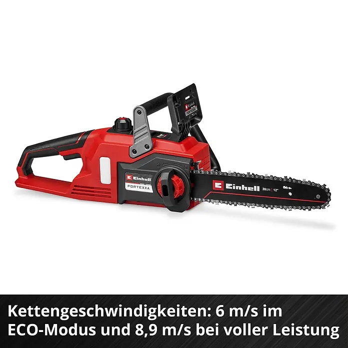 Einhell Power X-Change 18V Akku-Kettensäge FORTEXXA 18/30 - 18 V, Li-Ionen, Ohne Akku, Schwertlänge: 30 cm - Rote und schwarze Einhell FORTEZZA Akku-Kettensäge mit 30cm Schwert, 6 m/s ECO-Modus und 8,9 m/s Vollleistungs-Kettengeschwindigkeit.