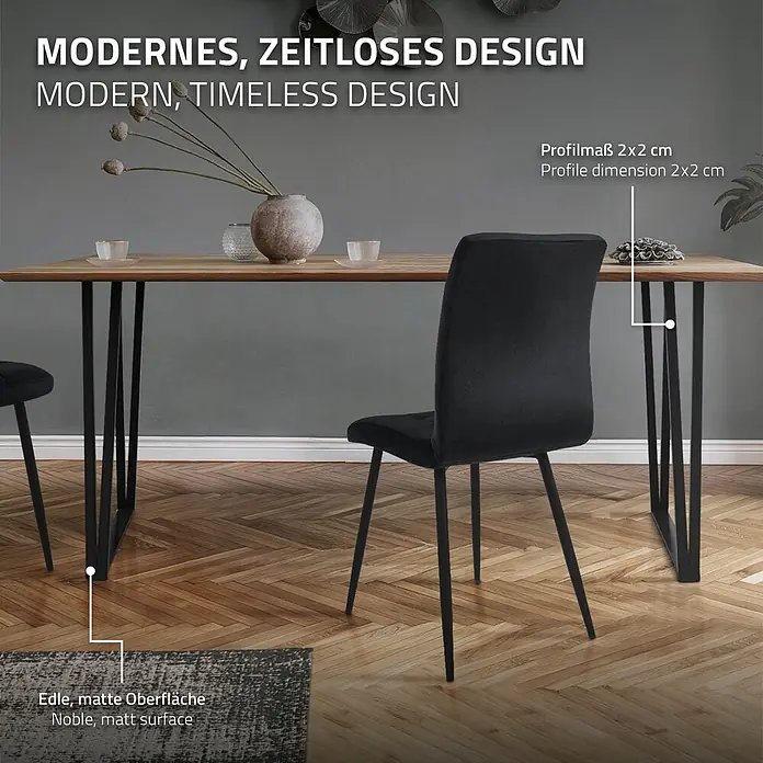 ML-Design Tischgestell Kufengestell rechteckige Form Schwarz für Esstisch/Schrebitisch - Stahl - Ein moderner Esstisch mit Holzplatte und schwarzen Metallbeinen, begleitet von einem schwarzen Polsterstuhl, in einem Raum mit Fischgrätparkett.