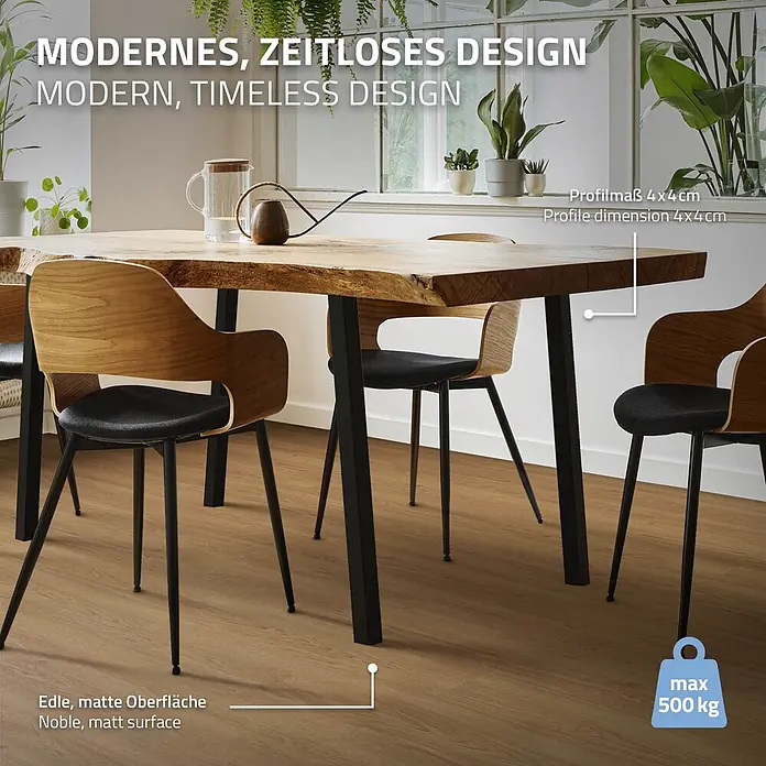 ML-Design Tischgestell 4er Set Möbelbeine 72cm Schwarz glänzend 96° Neigung Tischfüße - Traglast: 500 kg, Stahl - Moderner Holzesstisch mit schwarzen Metallbeinen in einem Esszimmerambiente, mit edler, matter Oberfläche und 4x4cm Profil.