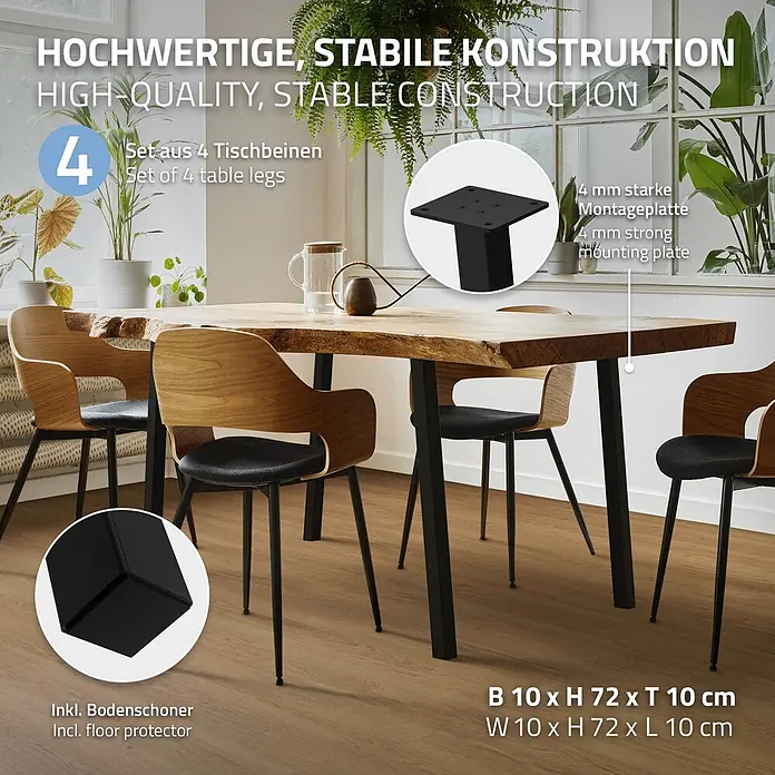 ML-Design Tischgestell 4er Set Möbelbeine 72cm Schwarz glänzend 96° Neigung Tischfüße - Traglast: 500 kg, Stahl - Set aus 4 schwarzen Tischbeinen, 10x72x10cm, mit 4mm starken Montageplatten und Bodenschonern für hohe Stabilität.