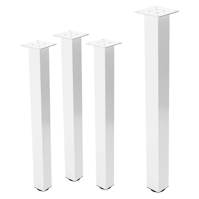 ML-Design Tischgestell 4er Set I-Design 90cm Weiß glänzend Möbelbeine - Stahl - Vier weiße, quadratische Möbelfüße aus Metall mit Montageplatten oben und schwarzen, verstellbaren Füßen.