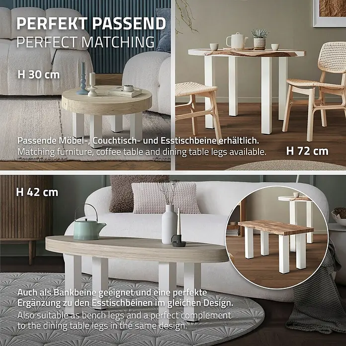 ML-Design Tischgestell 4er Set I-Design 90cm Weiß glänzend Möbelbeine - Stahl - Weiße, rechteckige Tischbeine in verschiedenen Höhen, als Couchtisch-, Esstisch- und Bankbeine in Wohnräumen dargestellt.