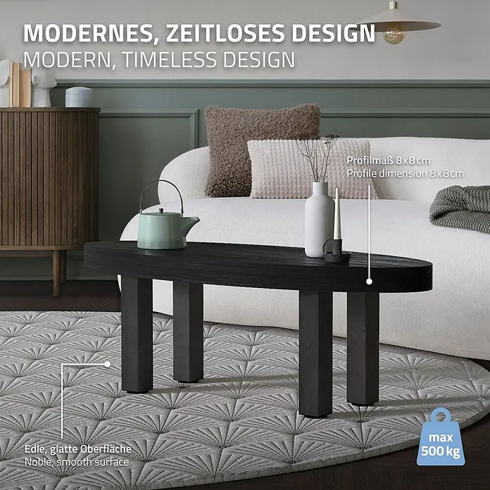 ML-Design Tischgestell 4er Set Tischkufen I-Design Möbelfüße und aus Stahl - L x B x H: 14 x 14 x 42 cm, Traglast: 500 kg, Stahl - Ein schwarzer, ovaler Couchtisch mit 8x8cm Beinen und glatter Oberfläche in einem modernen Wohnzimmer. Er hat eine Traglast von max. 500kg.