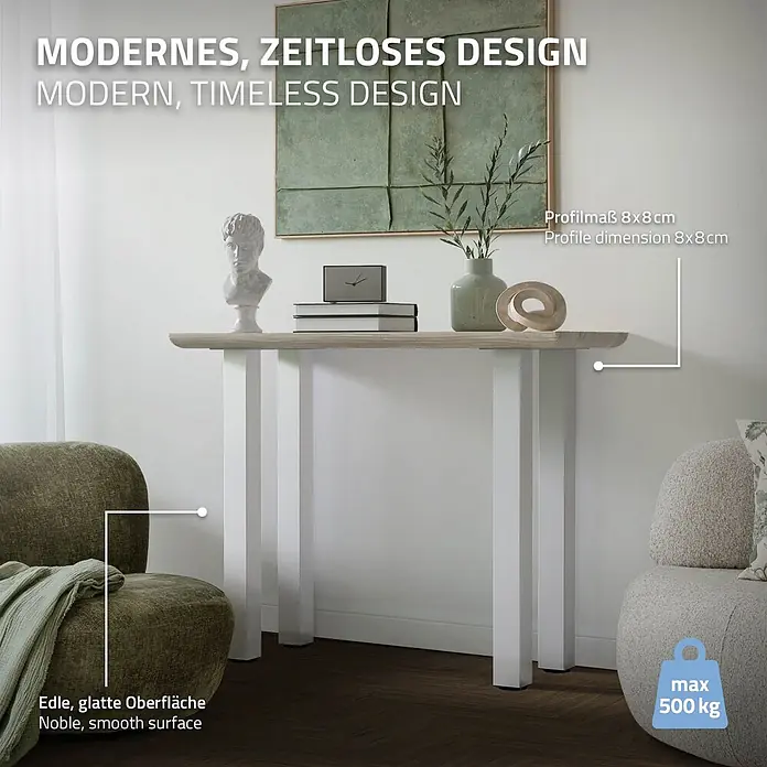 ML-Design Tischgestell 4er Set I-Design 90cm Weiß glänzend Möbelbeine - Stahl - Moderner Konsolentisch mit heller Holzplatte und weißen 8x8cm Vierkantbeinen, ideal für Flur oder Wohnzimmer, trägt bis zu 500kg.