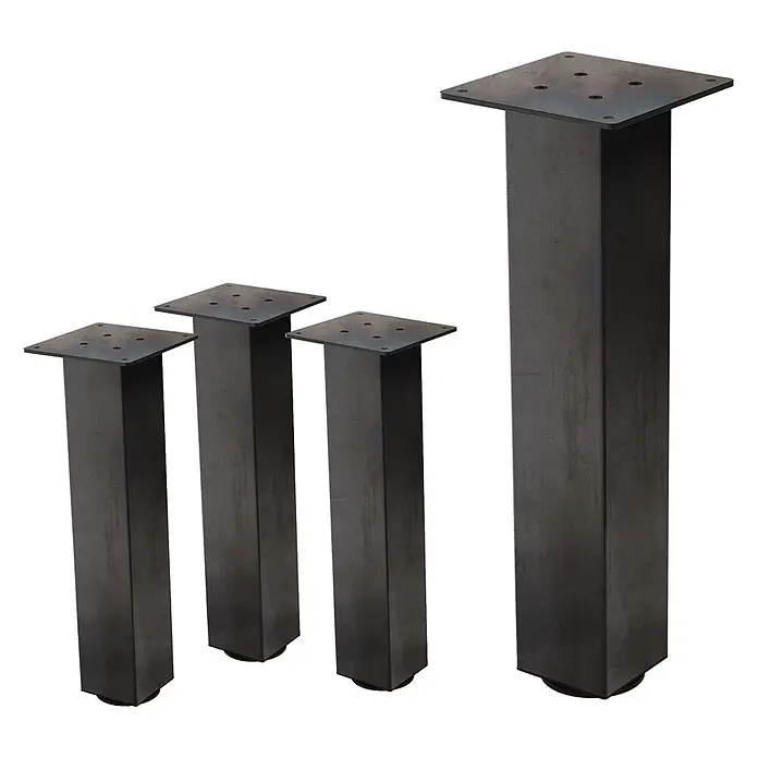 ML-Design Tischgestell 4er Set Tischkufen I-Design Möbelfüße und aus Stahl - L x B x H: 14 x 14 x 42 cm, Traglast: 500 kg, Stahl - Vier dunkelgraue quadratische Metall-Tischbeine mit Montageplatten, in verschiedenen Höhen.