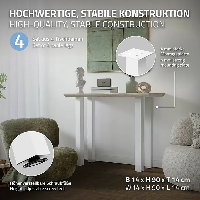 ML-Design Tischgestell 4er Set I-Design 90cm Weiß glänzend Möbelbeine - Stahl - Weißer Konsolentisch mit heller Holzplatte, verstellbaren Füßen und 4mm Montageplatte. Maße: B14 x H90 x T14 cm.