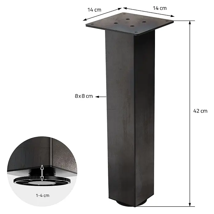 ML-Design Tischgestell 4er Set Tischkufen I-Design Möbelfüße und aus Stahl - L x B x H: 14 x 14 x 42 cm, Traglast: 500 kg, Stahl - Industrieller Metalltischfuß, 42 cm hoch, mit 14x14 cm Montageplatte, 8x8 cm Vierkantprofil und 1-4 cm verstellbarem Fuß.