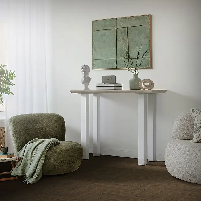 ML-Design Tischgestell 4er Set I-Design 90cm Weiß glänzend Möbelbeine - Stahl - Konsole mit heller Holzplatte und weißen Beinen, als Ablagefläche in einem hellen Raum dienend.