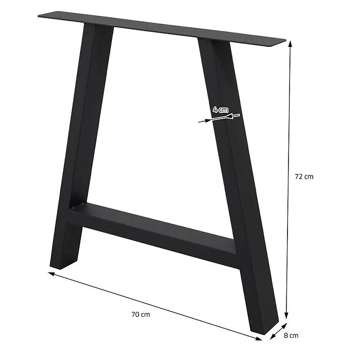ECD Germany Tischgestell Möbelfüße A-Form Metall Tischkufen - L x B x H: 8 x 70 x 72 cm, Stahl - Schwarzes A-Rahmen Tischbein aus Metall, 72 cm hoch, 70 cm breit, mit Maßangaben.