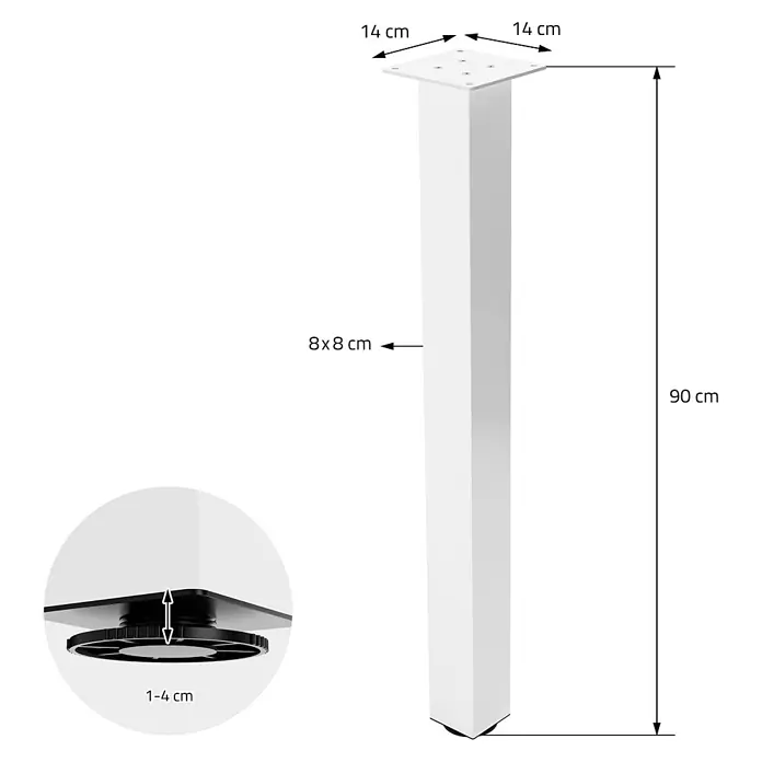 ML-Design Tischgestell 4er Set I-Design 90cm Weiß glänzend Möbelbeine - Stahl - Weißes quadratisches Möbelbein, 90 cm hoch, 8x8 cm Profil, mit 14x14 cm Montageplatte und 1-4 cm verstellbarem Fuß.