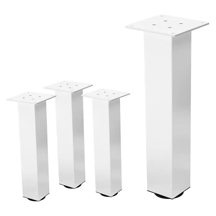 ML-Design Tischgestell 4er Set Bankkufen 42cm Weiß glänzend Möbelbeine - Traglast: 500 kg, Stahl - Vier weiße Möbelbeine aus Metall mit quadratischem Profil, Montageplatten und verstellbaren Füßen in verschiedenen Höhen.