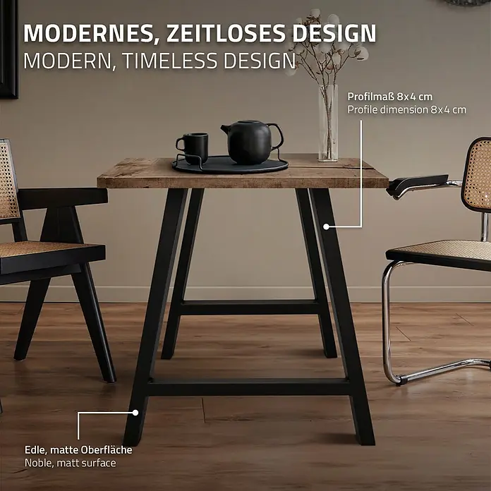 ECD Germany Tischgestell Möbelfüße A-Form Metall Tischkufen - L x B x H: 8 x 70 x 72 cm, Stahl - Ein moderner, zeitloser Tisch mit edler, matter Holzplatte und schwarzen 8x4 cm Metallbeinen.
